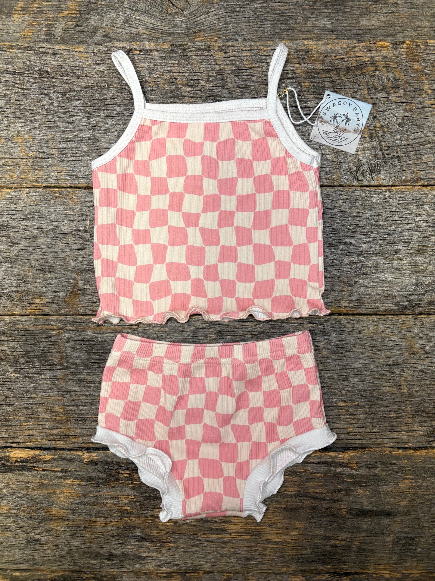Girls ribbed bamboo 2 piece set - pink checks