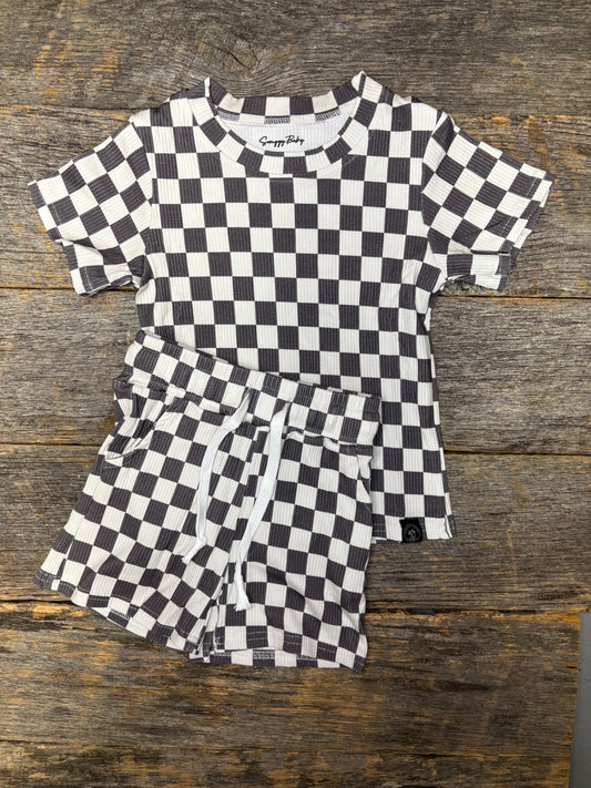 Boys ribbed bamboo set - checks